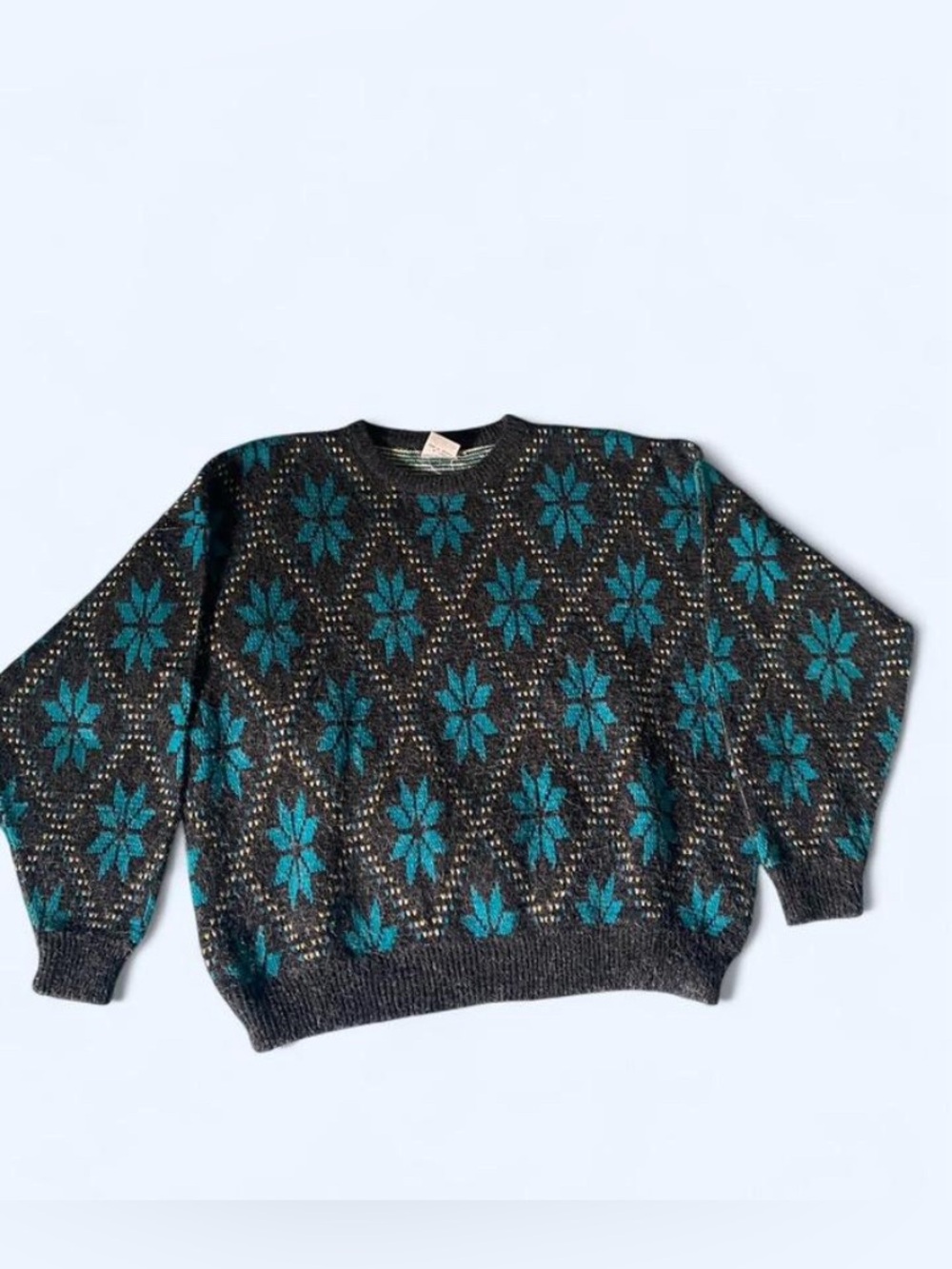 Vintage 80s H&M Charcoal Teal Snowflake Fair Isle Knit Sweater Mens XL Korea